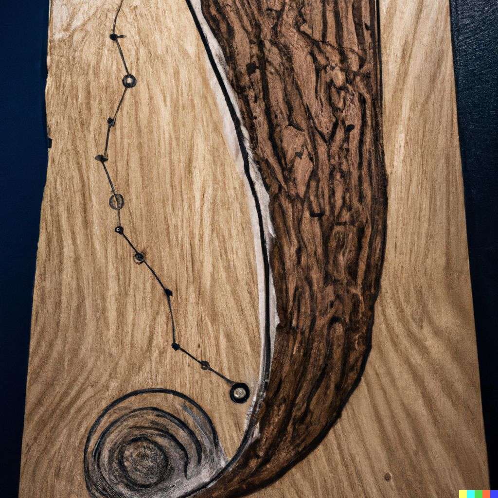 the discovery of gravity, pyrography on a piece of wood